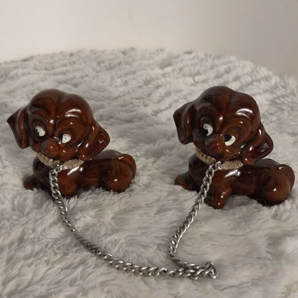 Two Vtg. Redware Terracotta Puppy Figurines w/ Chain Leash. - Picture 1 of 5